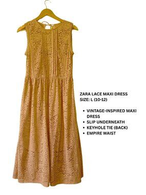 Zara Tan Lace Sleeveless Maxi Dress with Slip, Size Large